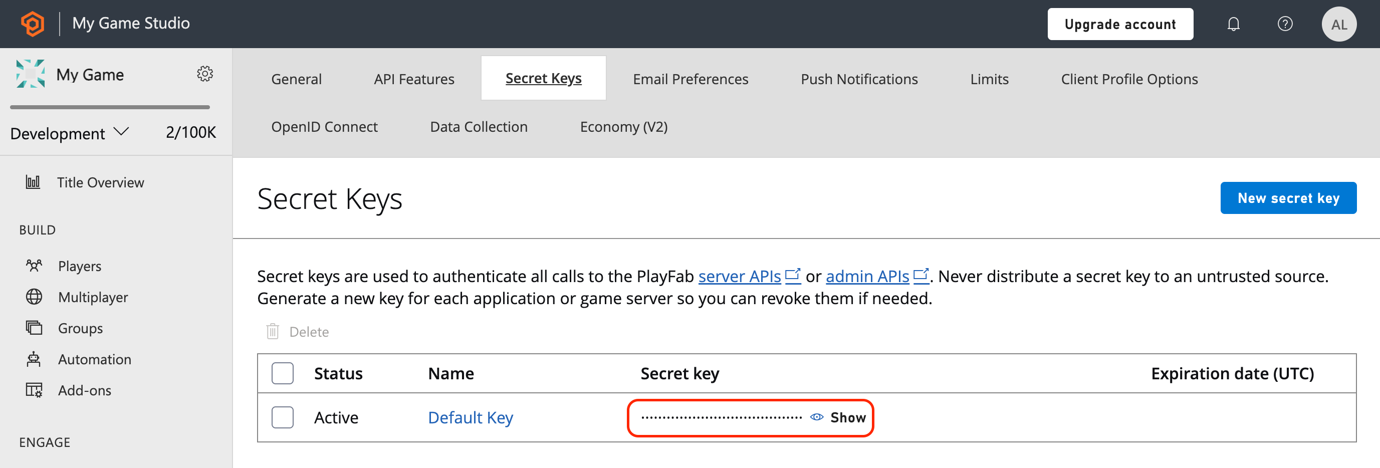 PlayFab Secret Key